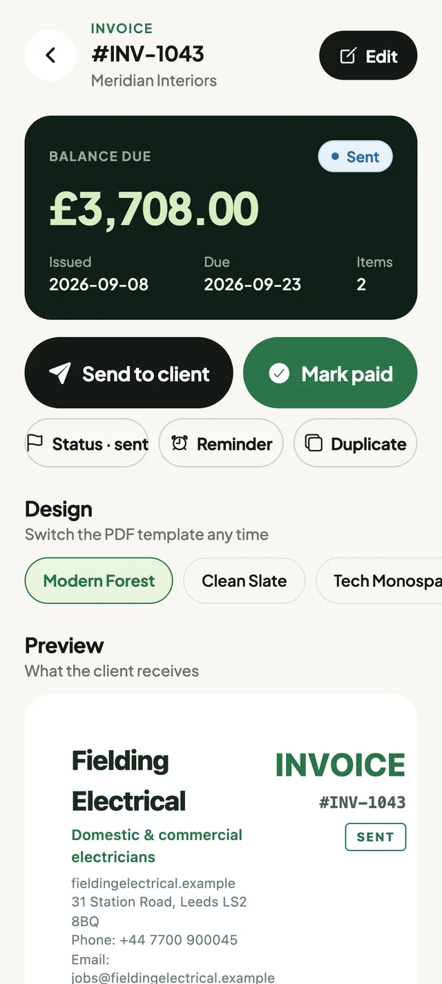 A finished EstimateBill invoice with tax shown separately