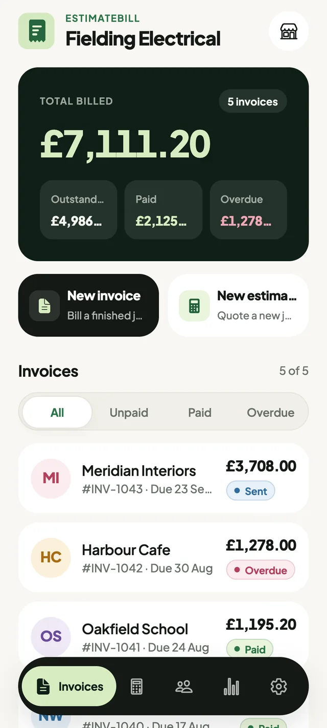 EstimateBill invoice list showing paid and overdue invoices with outstanding total